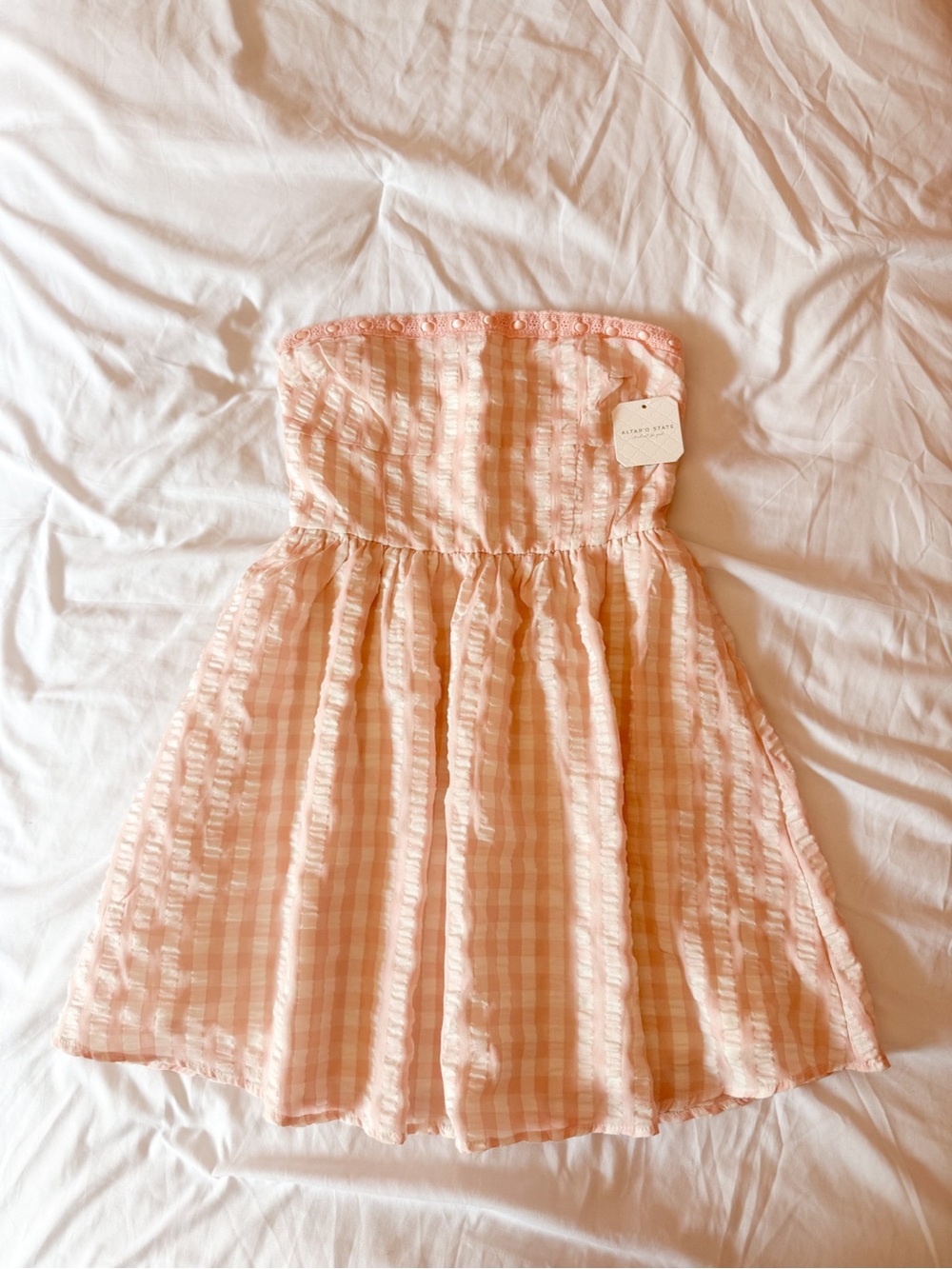 Altar’d State Britt Light Pink Gingham Strapless Mini Dress Size XS